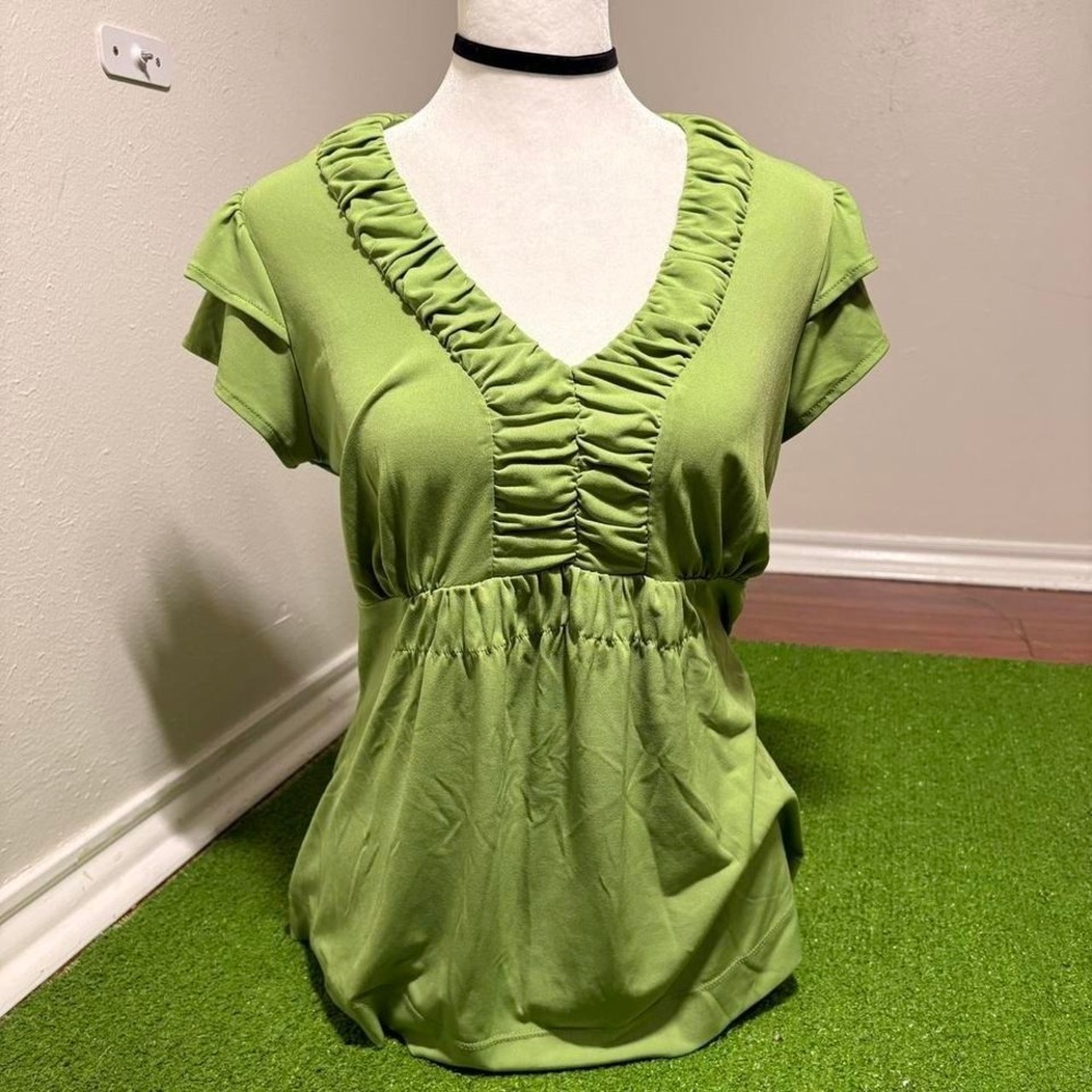 Vintage Y2K Worthington Green babydoll top ruffle V-neck Empire Waist Size M